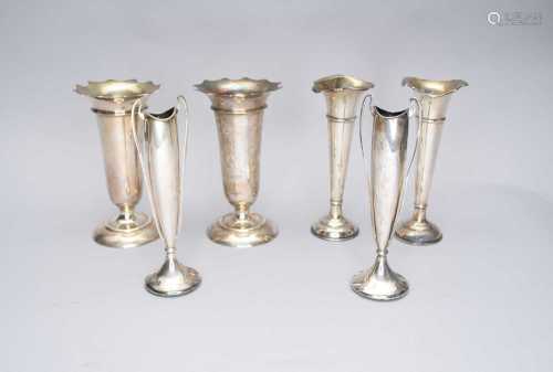 Three pairs of silver moutned vases