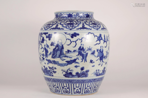 CHINESE PORCELAIN BLUE AND WHITE FIGURES AND STORY JAR