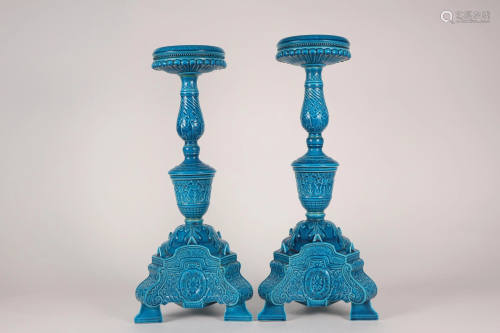 PAIR OF CHINESE PORCELAIN BLUE GLAZE CANDLE HOLDERS