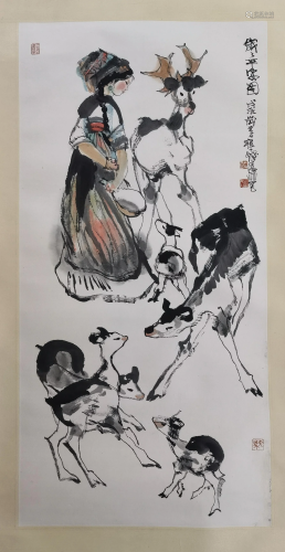 CHINESE SCROLL PAINTING OF GIRL WITH DEER SIGNED BY