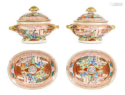 A Pair of Chinese Porcelain Sauce Tureens, Covers and Stands...