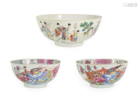 A Chinese Porcelain Punch Bowl, Qianlong, painted in famille...