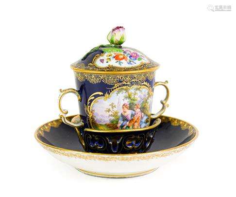 A Meissen Porcelain Twin-Handled Chocolate Cup, Cover and Tr...