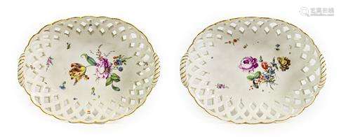A Pair of Höchst Porcelain Baskets, circa 1770, of oval form...