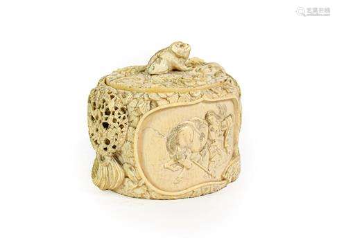 A Japanese Ivory Box and Cover, Meiji period, of oval sectio...