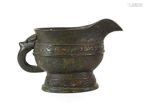 A Chinese Bronze Ewer, in Archaistic style, of oval form wit...