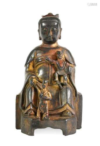 A Chinese Gilt, Polychrome and Patinated Bronze Figure of Bu...