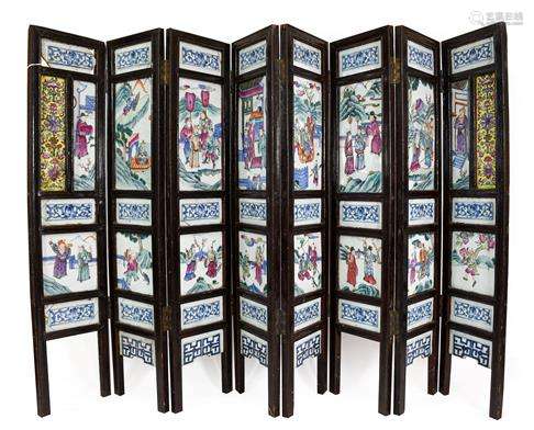 A Chinese Porcelain Mounted Hardwood Eight-Fold Table Screen...