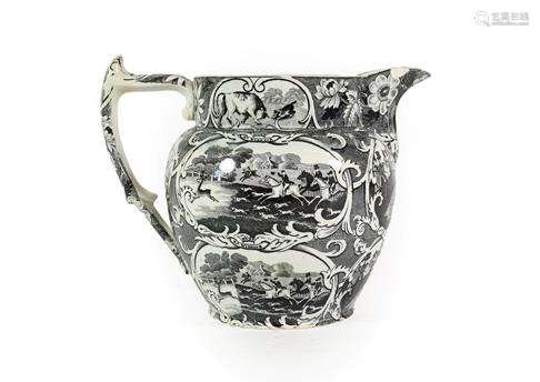 A Pearlware Sporting Jug, circa 1820, printed with Hunt Nr W...
