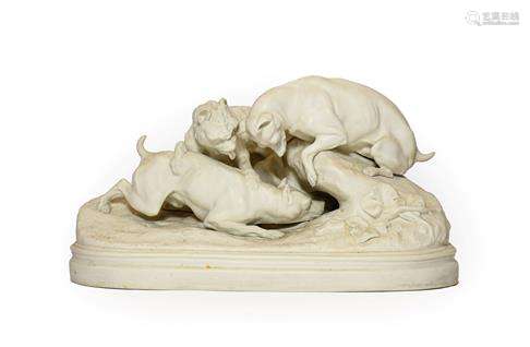 A Parian Hunting Group, circa 1870, as three dogs on a rocky...