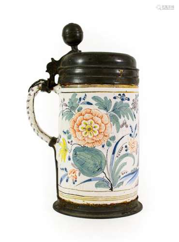 A German Pewter Mounted Faience Tankard, dated 1760, of cyli...