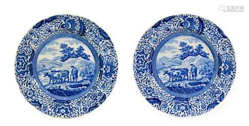 A Pair of Pearlware Durham Ox Series Plates, en suite to the...