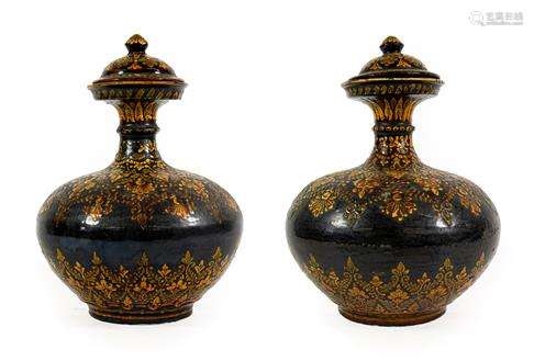 A Pair of Bombay School of Art Glazed Terracotta Bottle Vase...