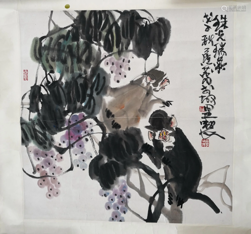 CHINESE SCROLL PAINTING OF MONKEY AND GRAPE SIGNED BY
