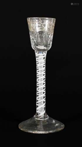 A Cordial Glass, circa 1760, the semi-fluted rounded funnel ...
