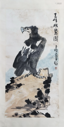 CHINESE SCROLL PAINTING OF EAGLE ON ROCK SIGNED BY LI