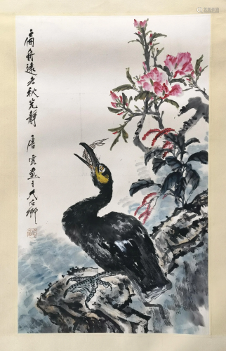 CHINESE SCROLL PAINTING OF BIRD ON TREE SIGNED BY TANG