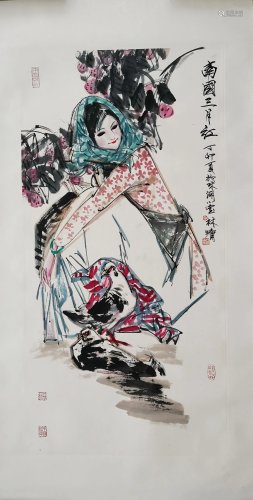 CHINESE SCROLL PAINTING OF GIRL AND DOVE SIGNED BY LIN