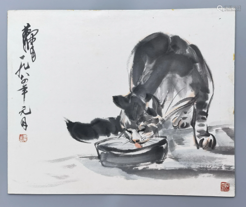 CHINESE SCROLL PAINTING OF CAT SIGNED BY HUANG ZHOU