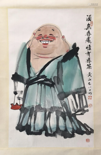 CHINESE SCROLL PAINTING OF FAT MONK SIGNED BY HUANG