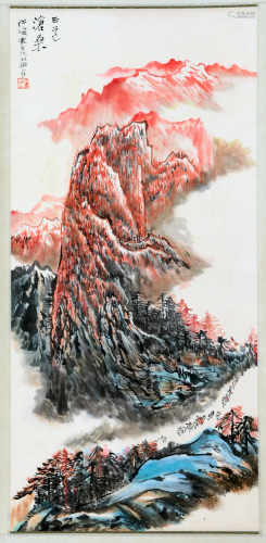 CHINESE SCROLL PAINTING OF MOUNTAIN VIEWS SIGNED BY HE