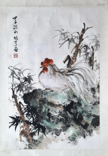 CHINESE SCROLL PAINTING OF CHICKEN ON ROCK SIGNED BY LI