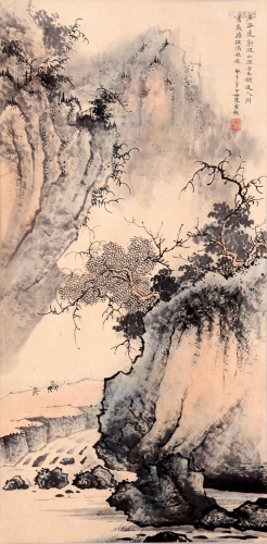 CHINESE SCROLL PAINTING OF MOUNTIAN VIEWS SIGNED BY