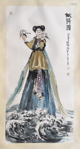 CHINESE SCROLL PAINTING OF GIRL WITH PEACH SIGNED BY