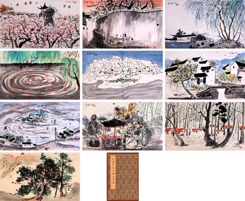 TEN PAGES OF CHINESE ALBUM PAINTING OF LANDSCAPE S…