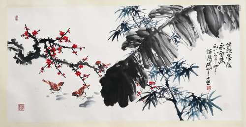 CHINESE SCROLL PAINTING OF BIRD AND LEAF SIGNED BY GUAN