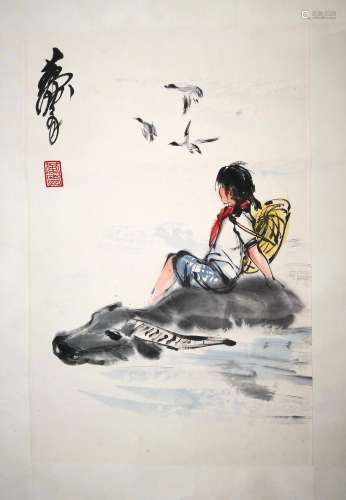 CHINESE SCROLL PAINTING OF GIRL ON OX SIGNED BY HUANG