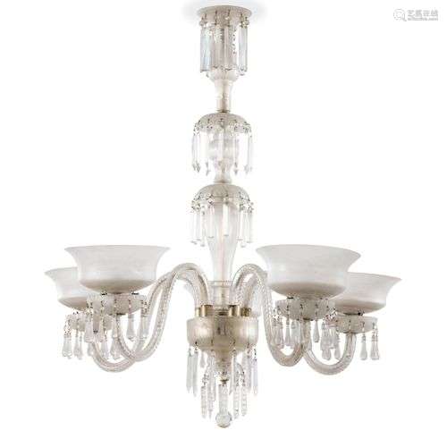 *Lustre à cinq lumières en cristal, coupelles à décor de fri...