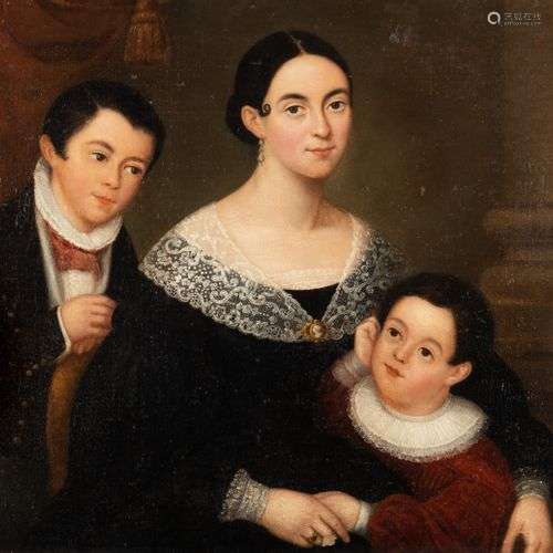 *Ecole française XIXe Portrait d'une mère et ses deux enfant...