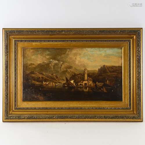 19th century Italian School, oil on canvas, a lakeside town ...