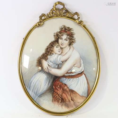 19th century watercolour, Classical portrait, woman and chil...