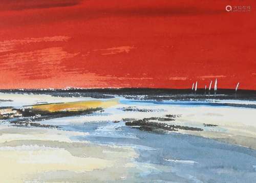 Tim Nash, original watercolour, red sky, signed, 24cm x 33cm...