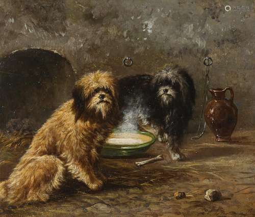19th century oil on wood panel, 2 dogs in a stable, indistin...