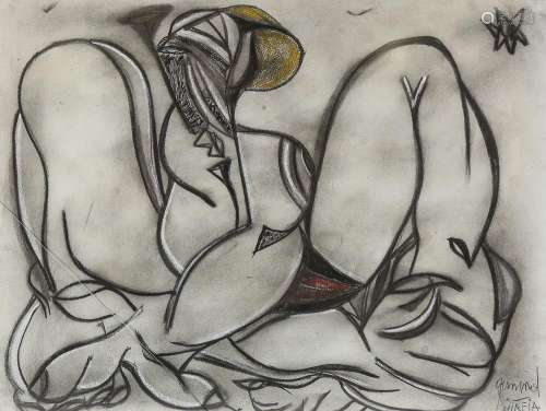 Charcoal/pastel on paper, abstract forms, indistinctly signe...