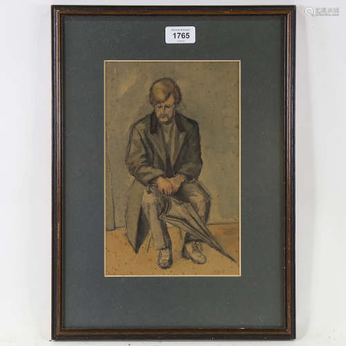 G B Fisher, watercolour, seated man with umbrella, signed, 2...