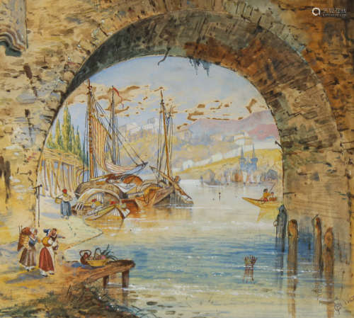 T Warden, watercolour, archway over a river, signed and date...