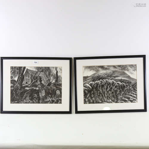 Jolyon Stringer, pair of charcoal and chalk drawings, Welsh ...