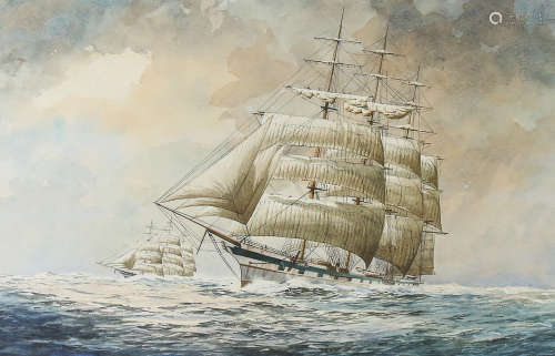T E Wigston, watercolour, tall ships at sea, signed and date...