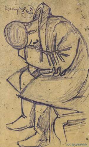 Stanislaw Walach, crayon drawing, seated figure, signed, 19....