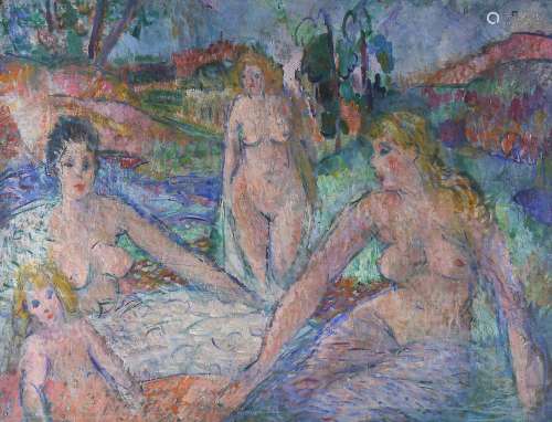 Mid-20th century oil on canvas, girls bathing, unsigned, 85c...