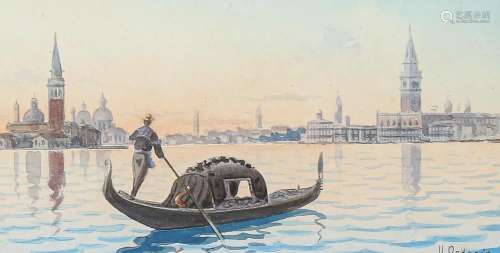 Umberto Ongania, watercolour, Venice, signed, 9cm x 17cm, fr...