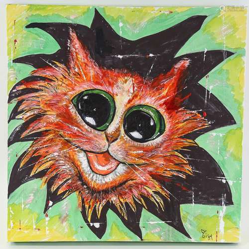 Contemporary oil on canvas, Louis Wain style cat, 50cm x 50c...