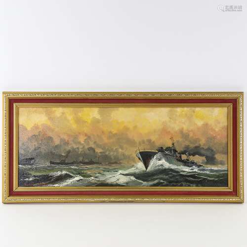 Dion Pears, oil on board, Navy convoy, signed, 26cm x 70cm, ...