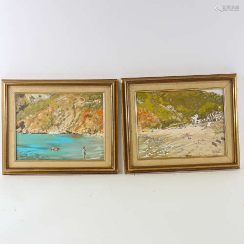 Ricquier, pair of oils on canvas, Continental beach scenes, ...
