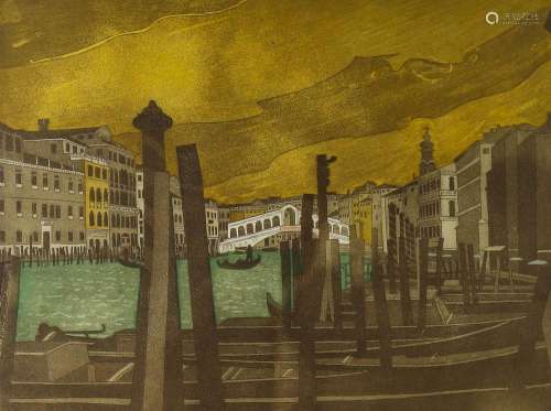 John Brunsden, coloured etching, the Rialto Bridge, signed, ...