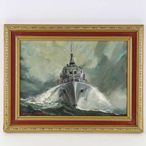 Dion Pears, oil on board, Navy ship at full speed, signed, 2...